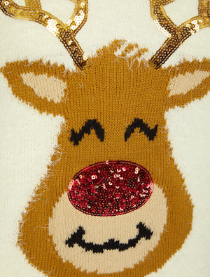 Women's Reindeer Face Sequin Novelty Feather Knit Christmas Jumper in Gardenia - Merry Christmas