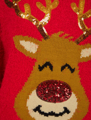 Women's Reindeer Face Sequin Novelty Feather Knit Christmas Jumper in Tokyo Red - Merry Christmas
