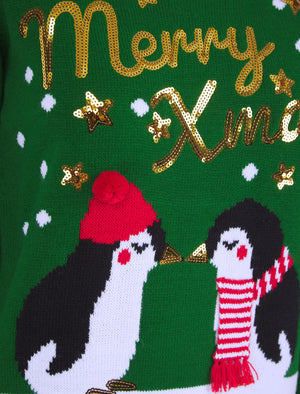 Women's Kissing Penguin Sequin Novelty Knitted Christmas Jumper in Christmas Green - Merry Christmas