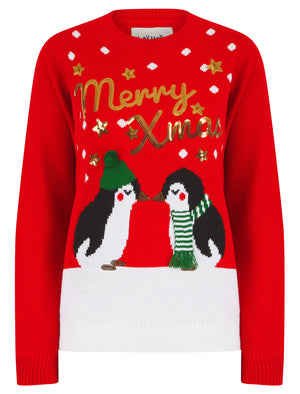 Women's Kissing Penguin Sequin Novelty Knitted Christmas Jumper in Tokyo Red - Merry Christmas