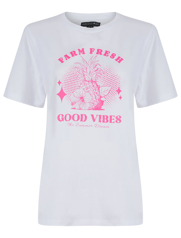 Zesty Graphic Motif Cotton Jersey Crew Neck T-Shirt in Optic White - Weekend Vibes