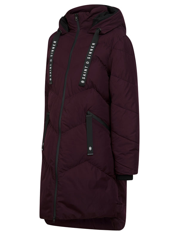 Newby Hooded Longline Quilted Puffer Coat in Fig - Saint & Sinner