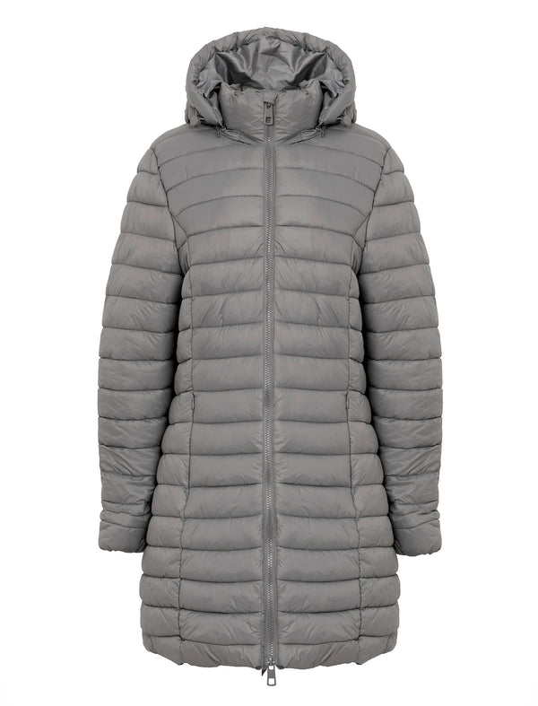 Olivia Longline Quilted Puffer Coat with Detachable Hood in Grey - Amara Reya