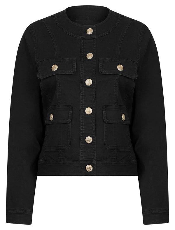 Morlich Women's Stretch Cotton Collarless Denim Jacket in Black - Amara Reya