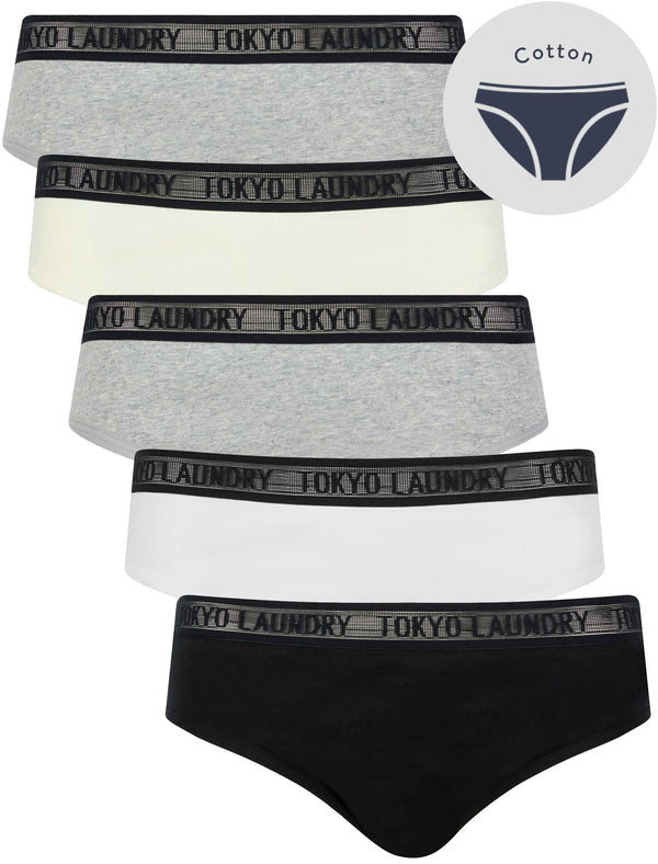 Ayla 5 (5 Pack) Cotton Assorted Briefs with Mesh Waistband in Jet Black / Bright White / Light Grey Marl / Jet Stream - Tokyo Laundry