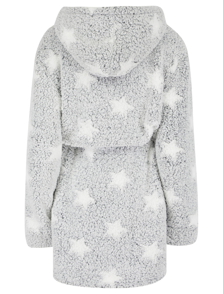 Women's Pom Star Motif Soft Fleece Zip Up Dressing Gown in Grey