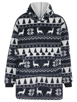 Adult Reindeer Fair Isle Soft Fleece Borg Lined Oversized Hooded Christmas Blanket with Pocket in Sky Captain Navy - Merry Christmas