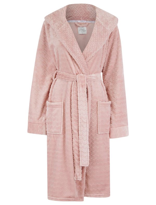 Women's Lou Chunky Zig-Zag Stripe Soft Fleece Tie Robe Dressing Gown with Hood in Pink - Tokyo Laundry