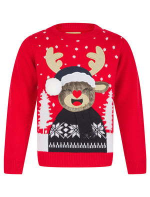 Girl's Laughing Rudolph Novelty Knitted Christmas Jumper in Tokyo Red - Merry Christmas Kids (4-12yrs)
