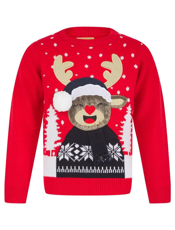 Girl's Laughing Rudolph Novelty Knitted Christmas Jumper in Tokyo Red - Merry Christmas Kids (4-12yrs)