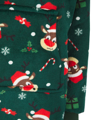 Kids Reindeer Faces Soft Fleece Borg Lined Oversized Hooded Christmas Blanket with Pocket in Rain Forest Green - Merry Christmas Kids (4-12yrs)