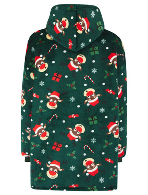 Kids Reindeer Faces Soft Fleece Borg Lined Oversized Hooded Christmas Blanket with Pocket in Rain Forest Green - Merry Christmas Kids (4-12yrs)