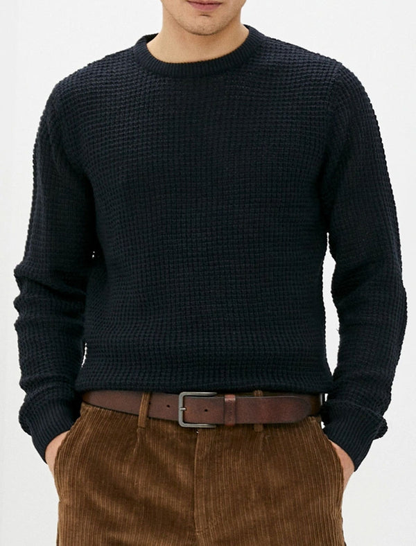 Olney Crew Neck Waffle Knit Jumper in Dark Navy - Kensington Eastside