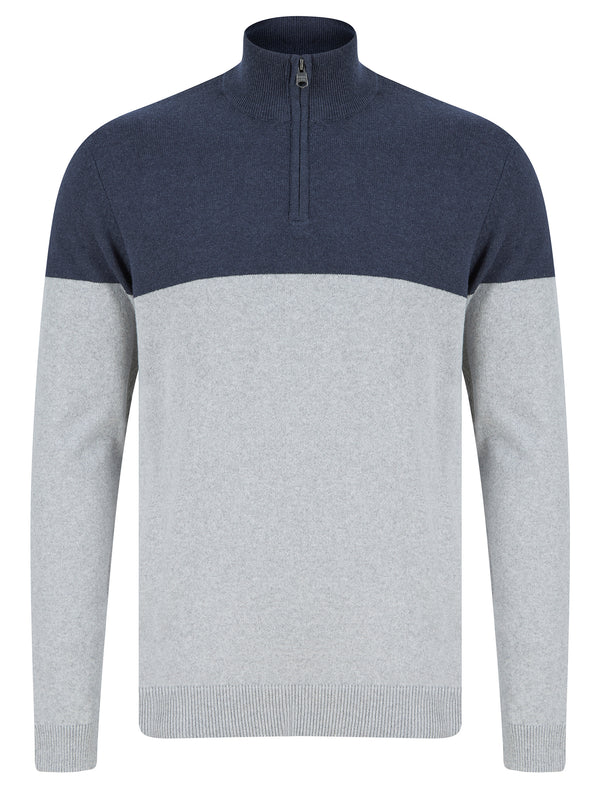 Joesef Quarter Zip Colour Block Knitted Funnel Neck Jumper in Denim Marl - Kensington Eastside