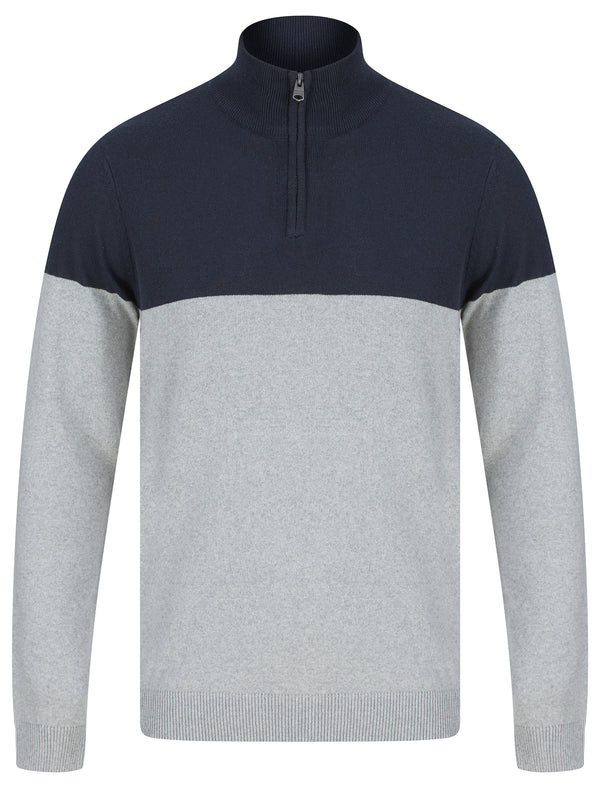 Joesef Quarter Zip Colour Block Knitted Funnel Neck Jumper in Navy - Kensington Eastside