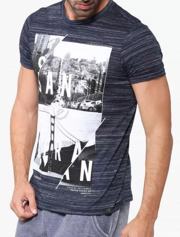 San Fran Split Motif Space Dye Crew Neck T-Shirt In Navy - Dissident