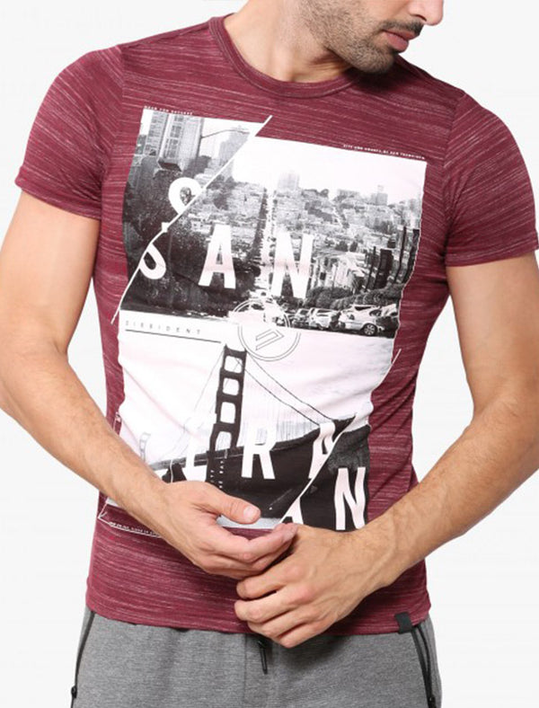 San Fran Split Motif Space Dye Crew Neck T-Shirt In Oxblood - Dissident