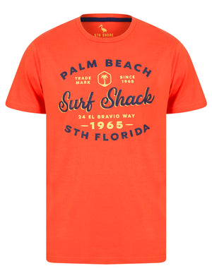 Palm Beach Motif Cotton Jersey T-Shirt in Hot Coral - South Shore