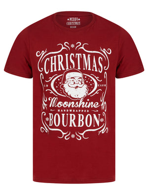 Men's Xmas Bourbon Motif Novelty Cotton Christmas T-Shirt in Red Dahlia - Merry Christmas