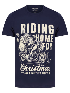 Men's Riding Home Motif Novelty Cotton Christmas T-Shirt in Peacoat Blue - Merry Christmas