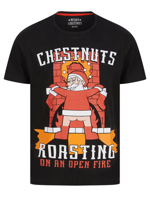 Men's Chestnuts Roasting Motif Novelty Cotton Christmas T-Shirt in Jet Black - Merry Christmas