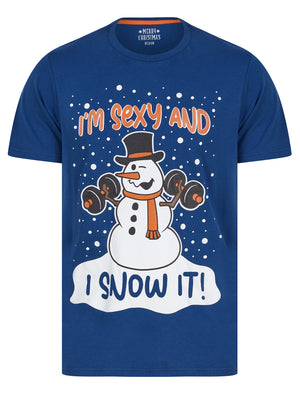 Men's Snow It Motif Novelty Cotton Christmas T-Shirt in Limoges Blue - Merry Christmas