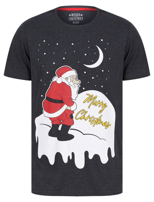 Men's Yellow Snow Motif Novelty Cotton Christmas T-Shirt in Charcoal Marl - Merry Christmas