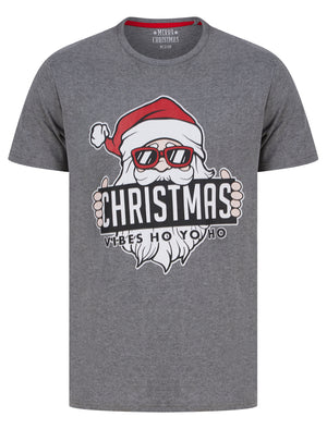 Men's Christmas Vibes Motif Novelty Cotton Christmas T-Shirt in Mid Grey Marl - Merry Christmas