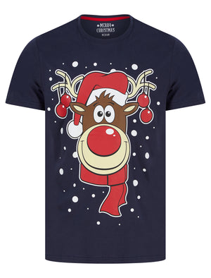 Men's Rudolph Snowflake Motif Novelty Cotton Christmas T-Shirt in Peacoat Blue - Merry Christmas
