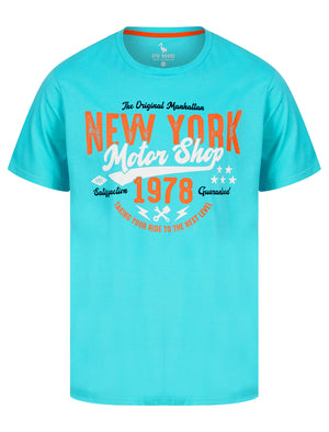 Manhattan NY Motif Cotton Jersey T-Shirt in Blue Curacao - South Shore