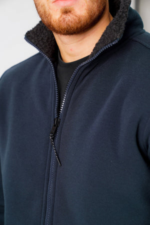 Percy Funnel Neck Zip Through Chunky Sweat With Borg Lining In Iris Navy - Dissident
