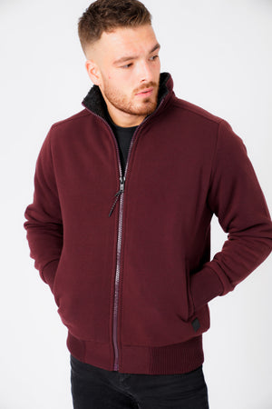 Percy Funnel Neck Zip Through Chunky Sweat With Borg Lining In Sassafras Wine - Dissident