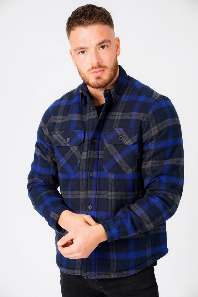 Herrick Borg Lined Checked Brush Flannel Overshirt Jacket in Blue