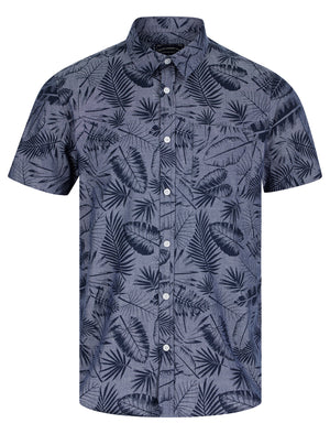 Kaveri Palm Leaf Print Short Sleeve Cotton Chambray Shirt in Mid Blue - Tokyo Laundry