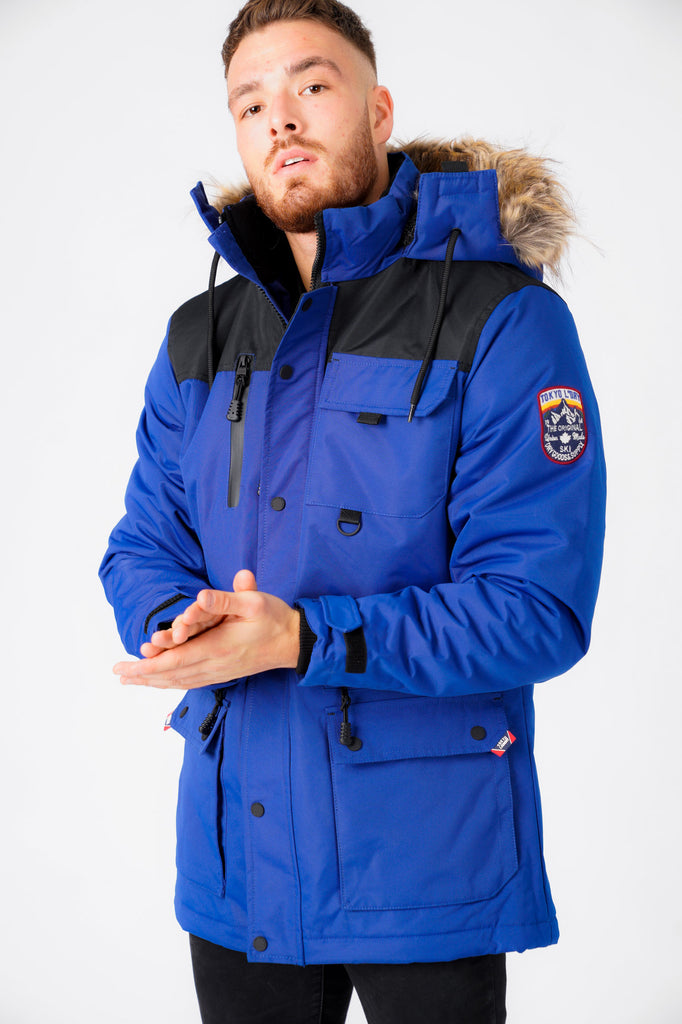Haakon Colour Block Utility Parka Coat with Faux Fur Lined