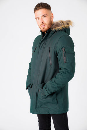 Nolte Utility Parka Coat with Borg Lined Faux Fur Trim Hood in Scarab Green - Tokyo Laundry