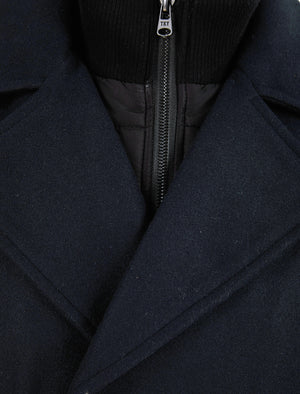 Zemu Double Breasted Wool Look Pea Coat with Quilted Mock Insert in Navy - Tokyo Laundry