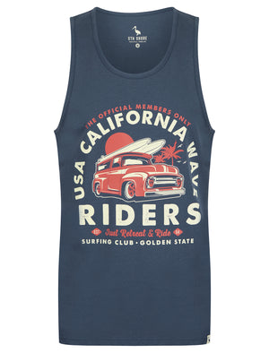 Riders Motif Print Cotton Vest Top in Vintage Indigo - South Shore