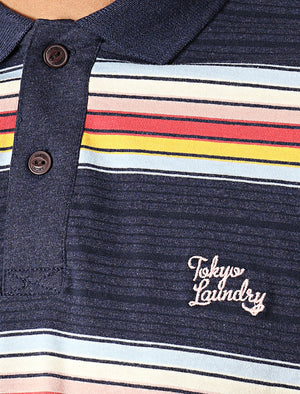 Bakersfield Striped Cotton Jersey Polo Shirt in Medieval Blue Marl - Tokyo Laundry