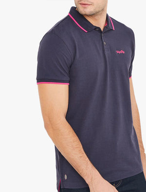 Talibu Cotton Pique Polo Shirt with Neon Tipping In Navy - Tokyo Laundry