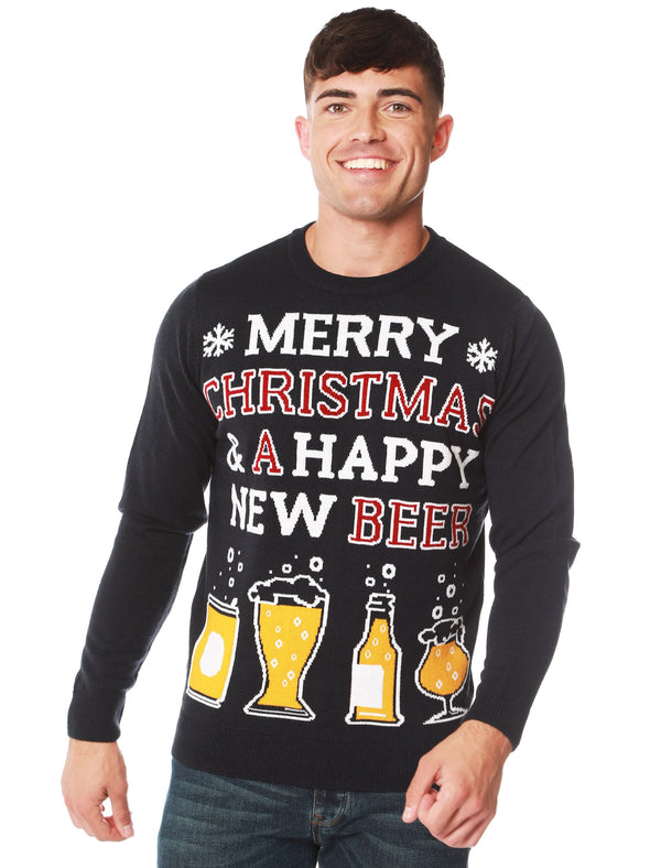 Happy New Beer Novelty Christmas Jumper in Ink - Merry Christmas
