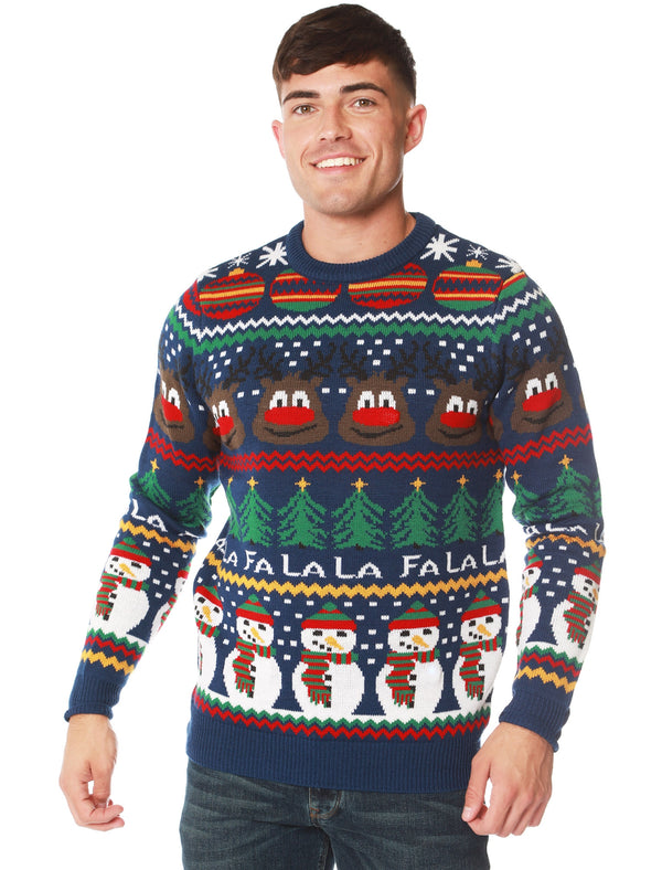 Rudolph Wallpaper Print LED Light Up Novelty Christmas Jumper in Sapphire - Merry Christmas