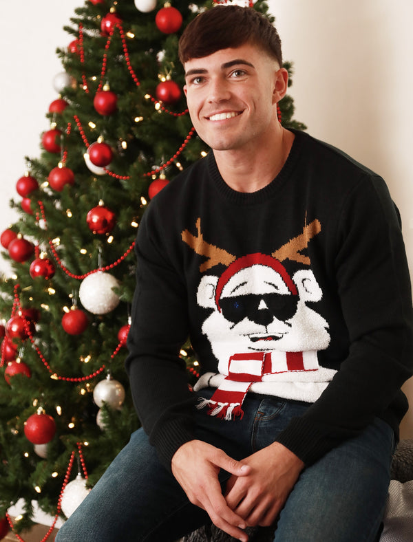 Cool Polar Bear Motif LED Light Up Novelty Christmas Jumper in Jet Black - Merry Christmas