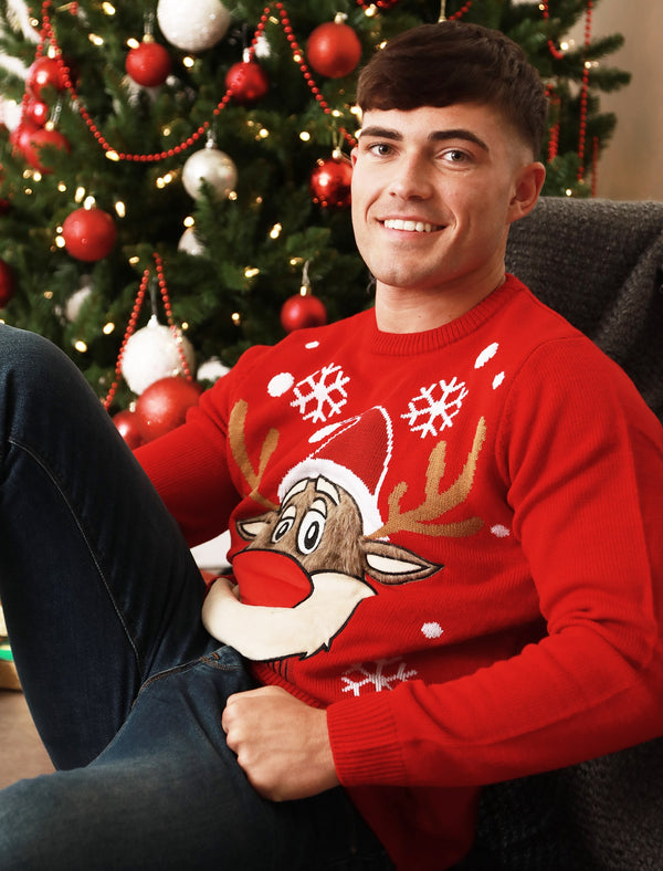 Rudolph the Reindeer Motif LED Light Up Novelty Christmas Jumper in George Red - Merry Christmas