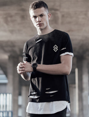 St Alpha Layered Longline T-Shirt with Rips in Jet Black - Saint & Sinner