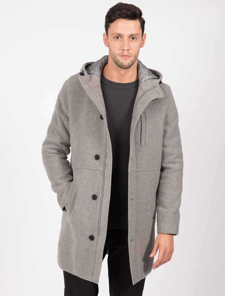 Romano Wool Blend Coat with Hood In Grey - Tokyo Laundry