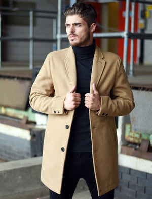Bezout Button Up Wool Blend Overcoat in Camel - Tokyo Laundry