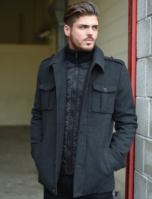 Addiego Wool Blend Herringbone Coat with Quilted Lining In Grey - Dissident