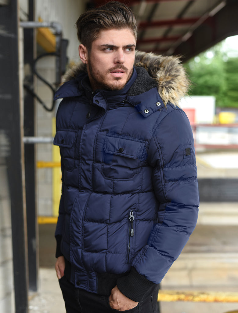 Mens blue jacket with fur collar sale