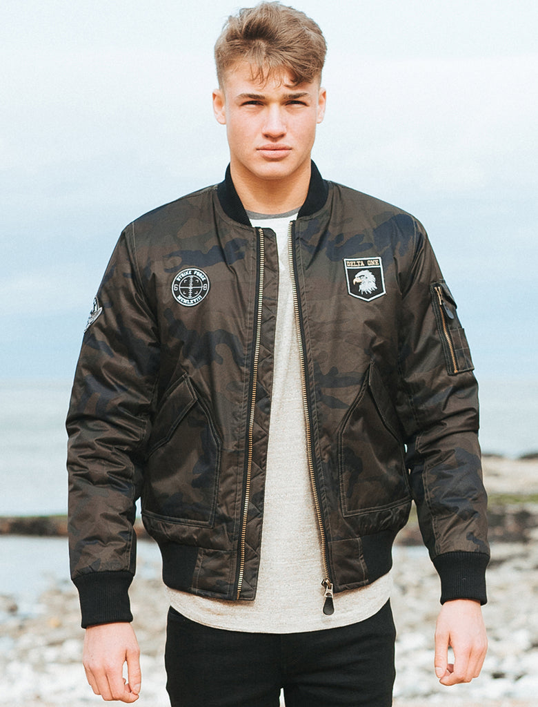 Lydiate Camo Bomber Jacket With Patches In Khaki - Tokyo Laundry